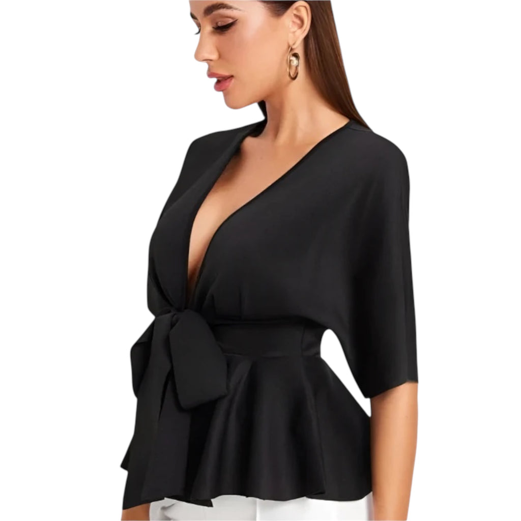 Women's Fashionable Deep V Ruffled Hem Belt Shirt OL Temperament Simple Shirt V Neck Casual Women's Fashion Dress