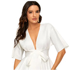 Women's Fashionable Deep V Ruffled Hem Belt Shirt OL Temperament Simple Shirt V Neck Casual Women's Fashion Dress