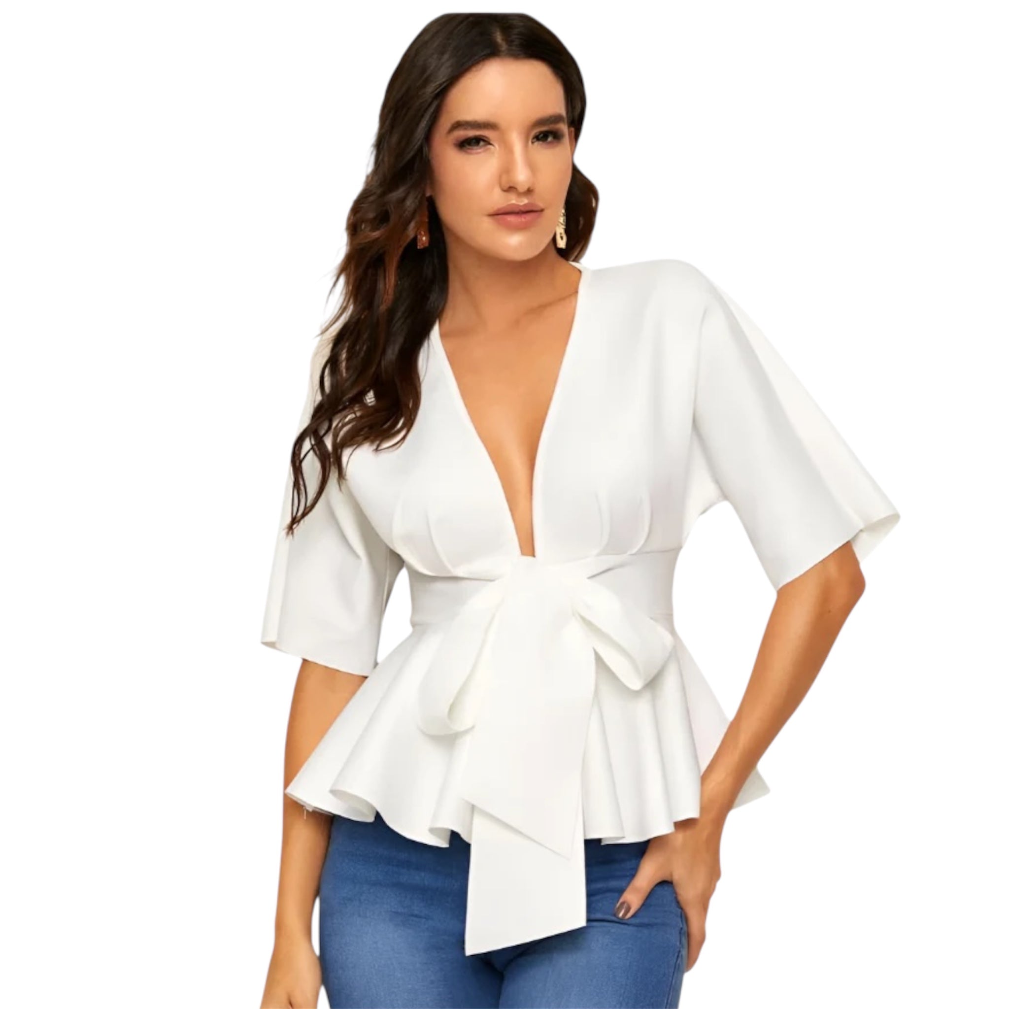 Women's Fashionable Deep V Ruffled Hem Belt Shirt OL Temperament Simple Shirt V Neck Casual Women's Fashion Dress