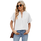 Women's Fashionable Solid Color And V-neck Loose Short Sleeve Button Women's Chiffon Shirt Casual Women's Dress