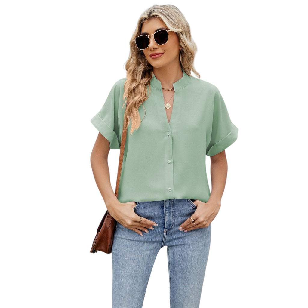 Women's Fashionable Solid Color And V-neck Loose Short Sleeve Button Women's Chiffon Shirt Casual Women's Dress