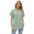 Women's Fashionable Solid Color And V-neck Loose Short Sleeve Button Women's Chiffon Shirt Casual Women's Dress