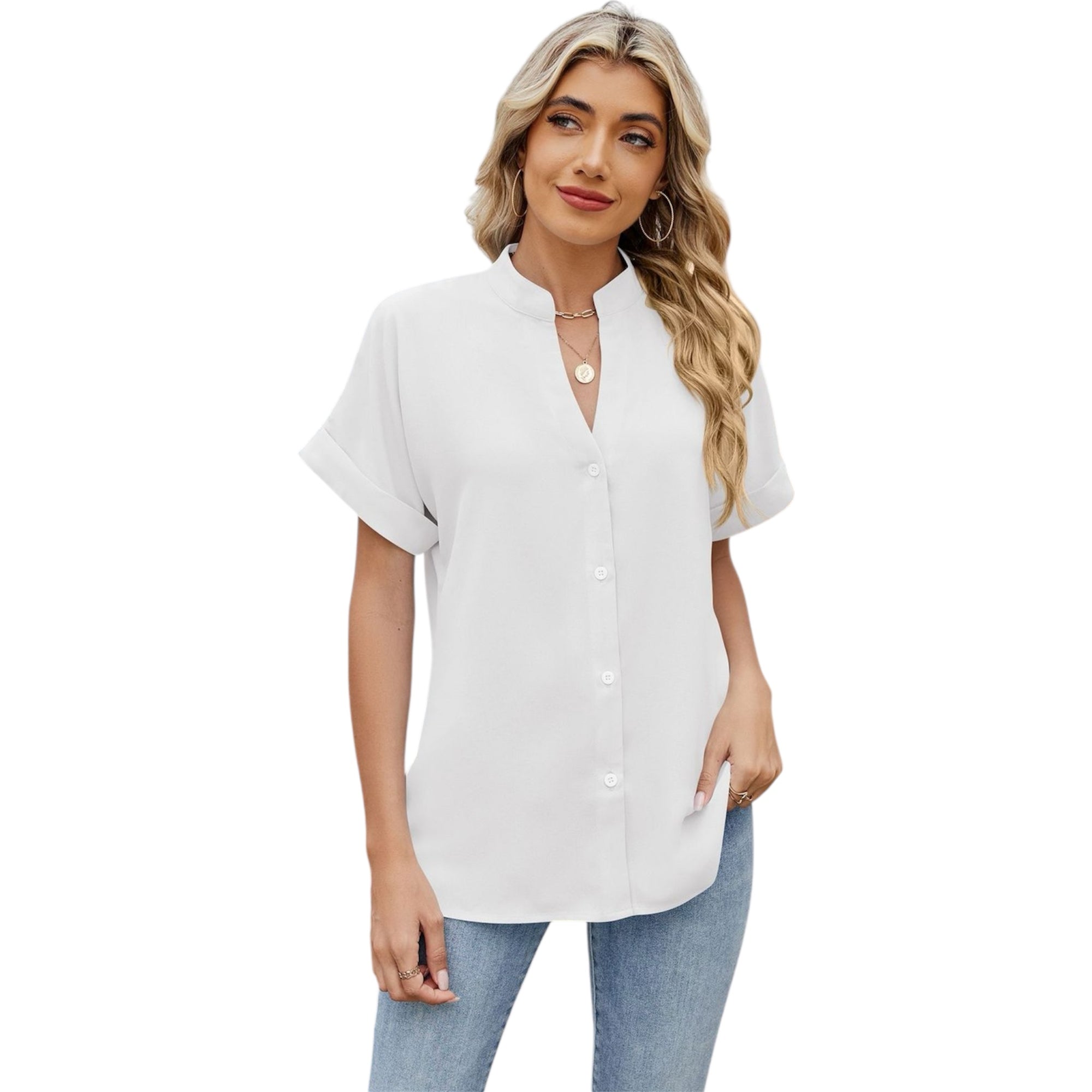 Women's Fashionable Solid Color And V-neck Loose Short Sleeve Button Women's Chiffon Shirt Casual Women's Dress
