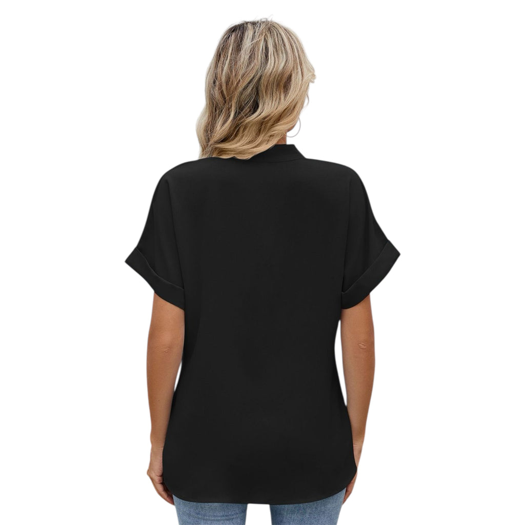 Women's Fashionable Solid Color And V-neck Loose Short Sleeve Button Women's Chiffon Shirt Casual Women's Dress