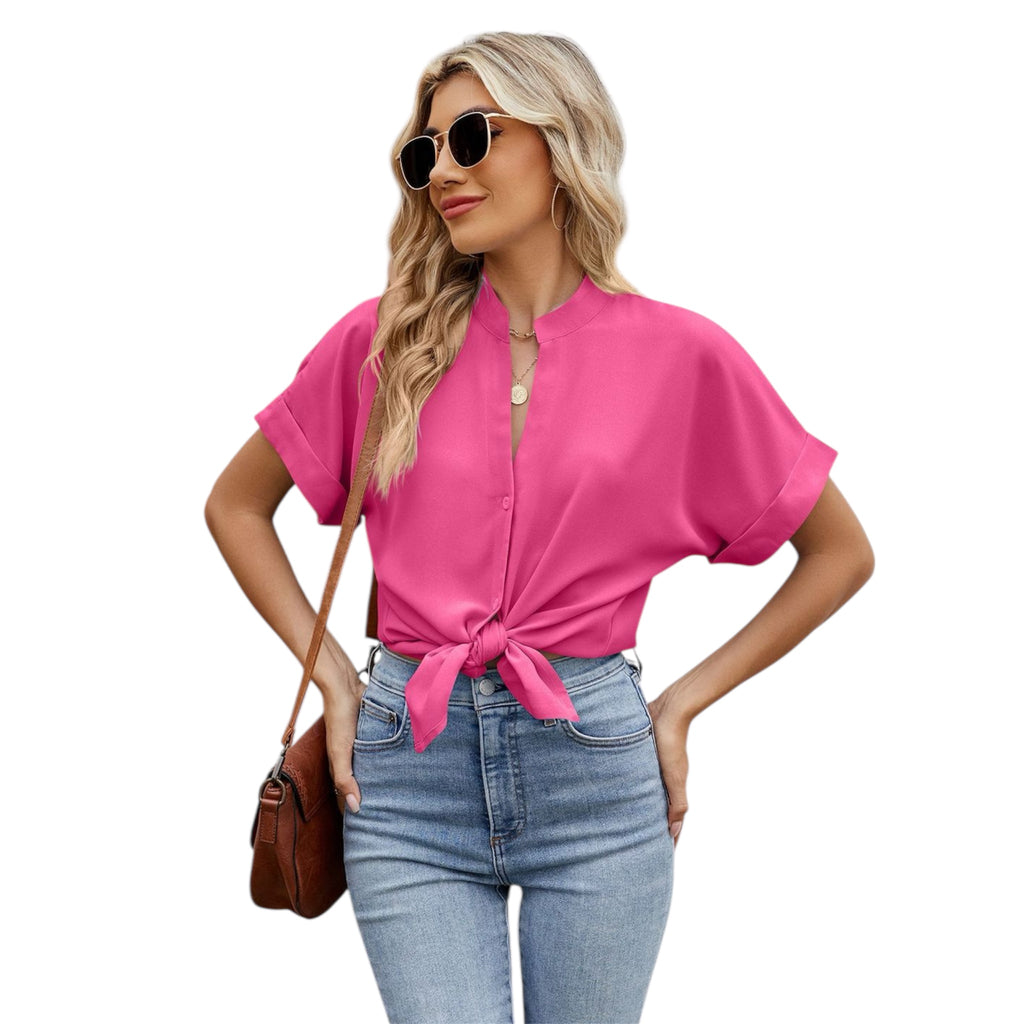 Women's Fashionable Solid Color And V-neck Loose Short Sleeve Button Women's Chiffon Shirt Casual Women's Dress
