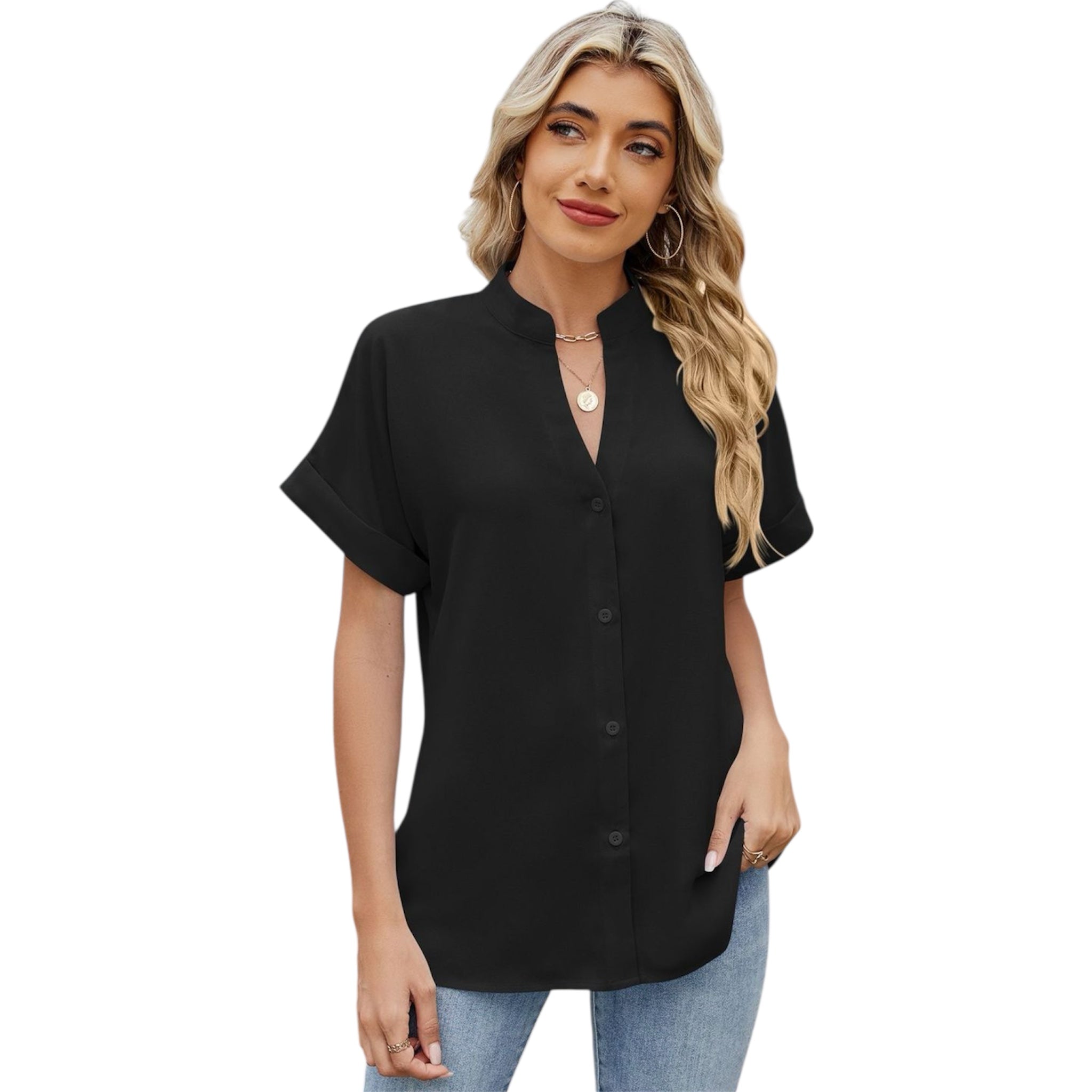 Women's Fashionable Solid Color And V-neck Loose Short Sleeve Button Women's Chiffon Shirt Casual Women's Dress