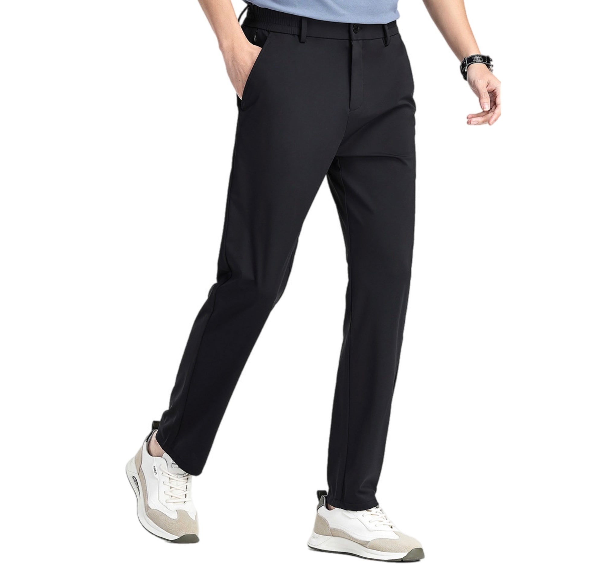 Men's Fashionable Casual Formal Pants Ice Silk Elastic Solid Color Zip Placket Mid Waist Leisure Men's Casual Pants
