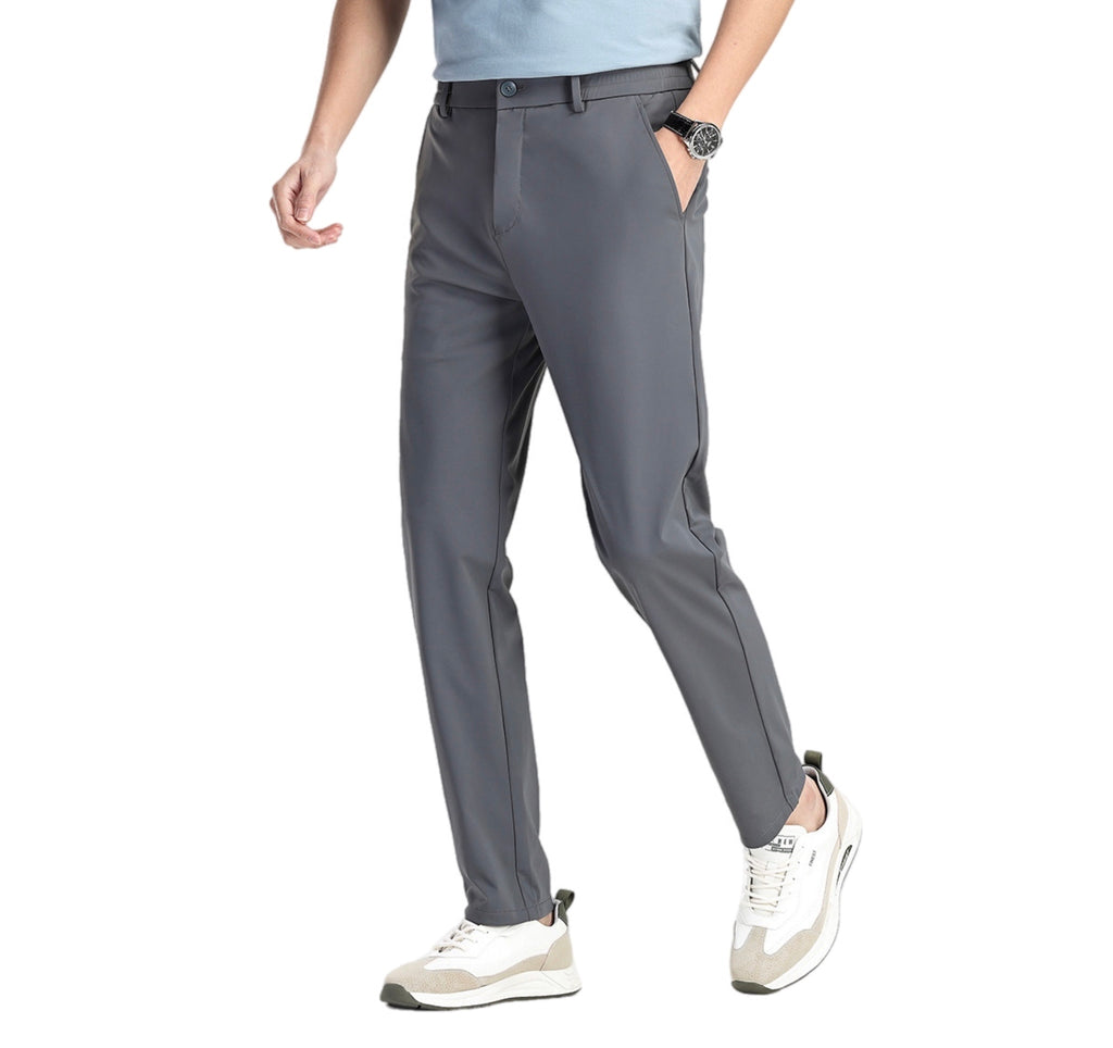 Men's Fashionable Casual Formal Pants Ice Silk Elastic Solid Color Zip Placket Mid Waist Leisure Men's Casual Pants