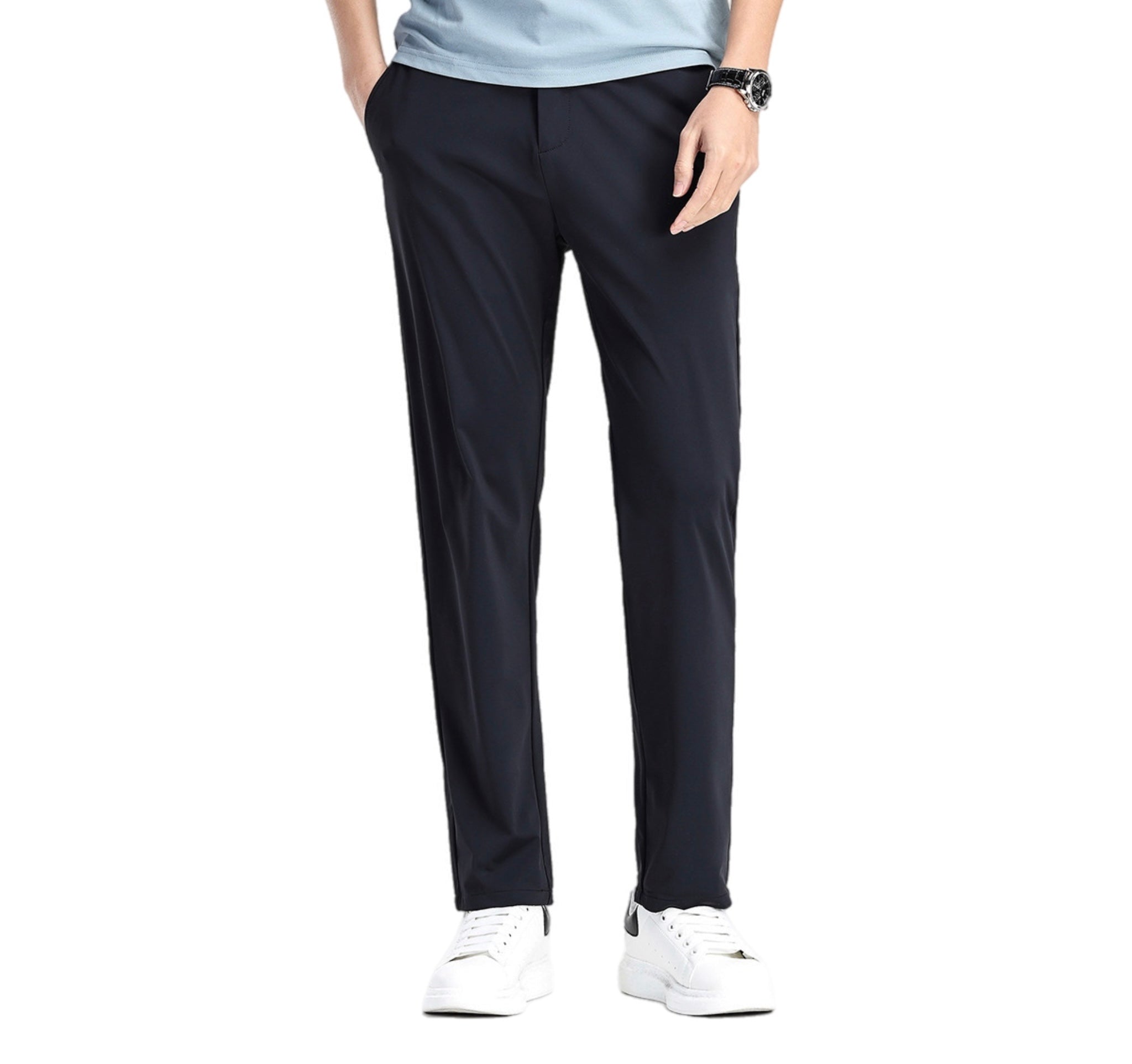 Men's Fashionable Casual Formal Pants Ice Silk Elastic Solid Color Zip Placket Mid Waist Leisure Men's Casual Pants - Acquisti Online