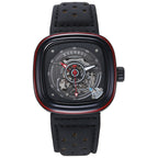A black and rose gold mechanical watch with a perforated leather strap and a skeleton dial.