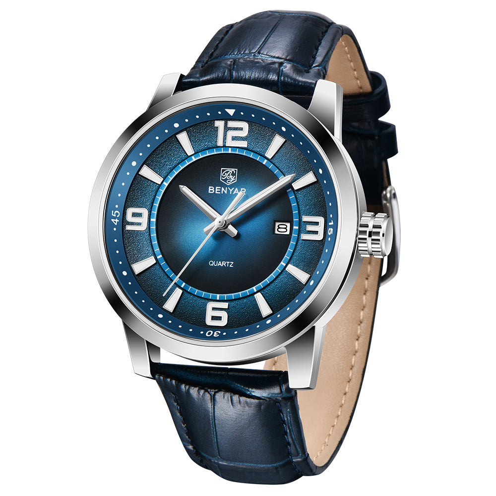 A black Benya men's quartz watch with a leather strap and a stainless steel case.