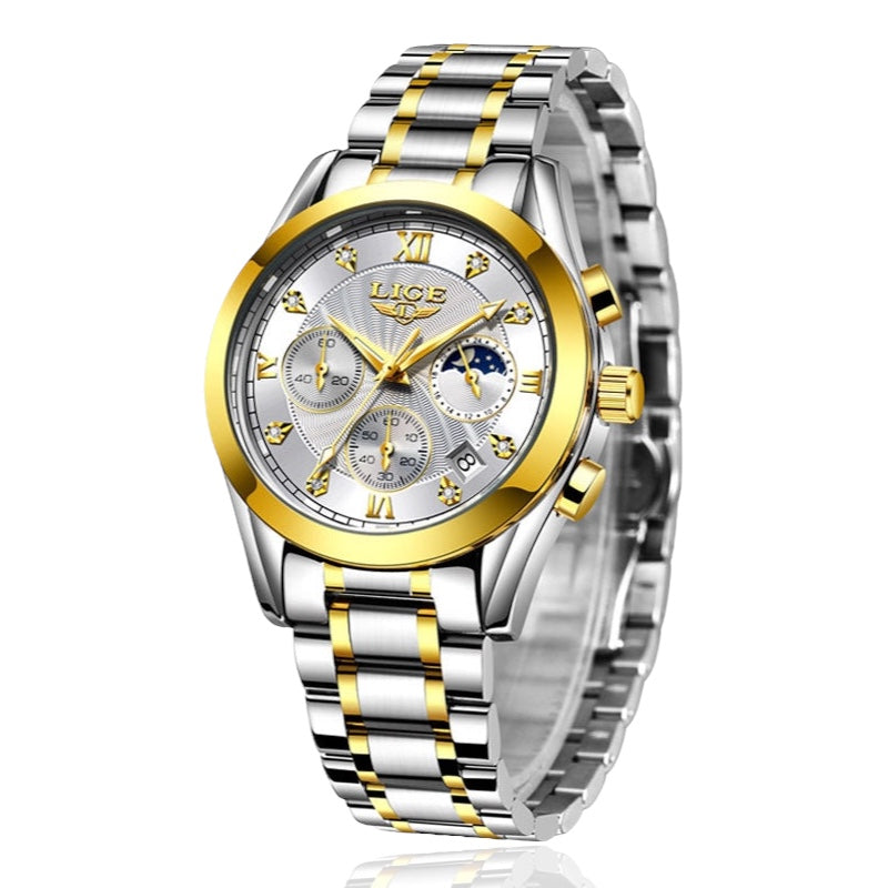 Luxury watch with silver and gold band on a white background