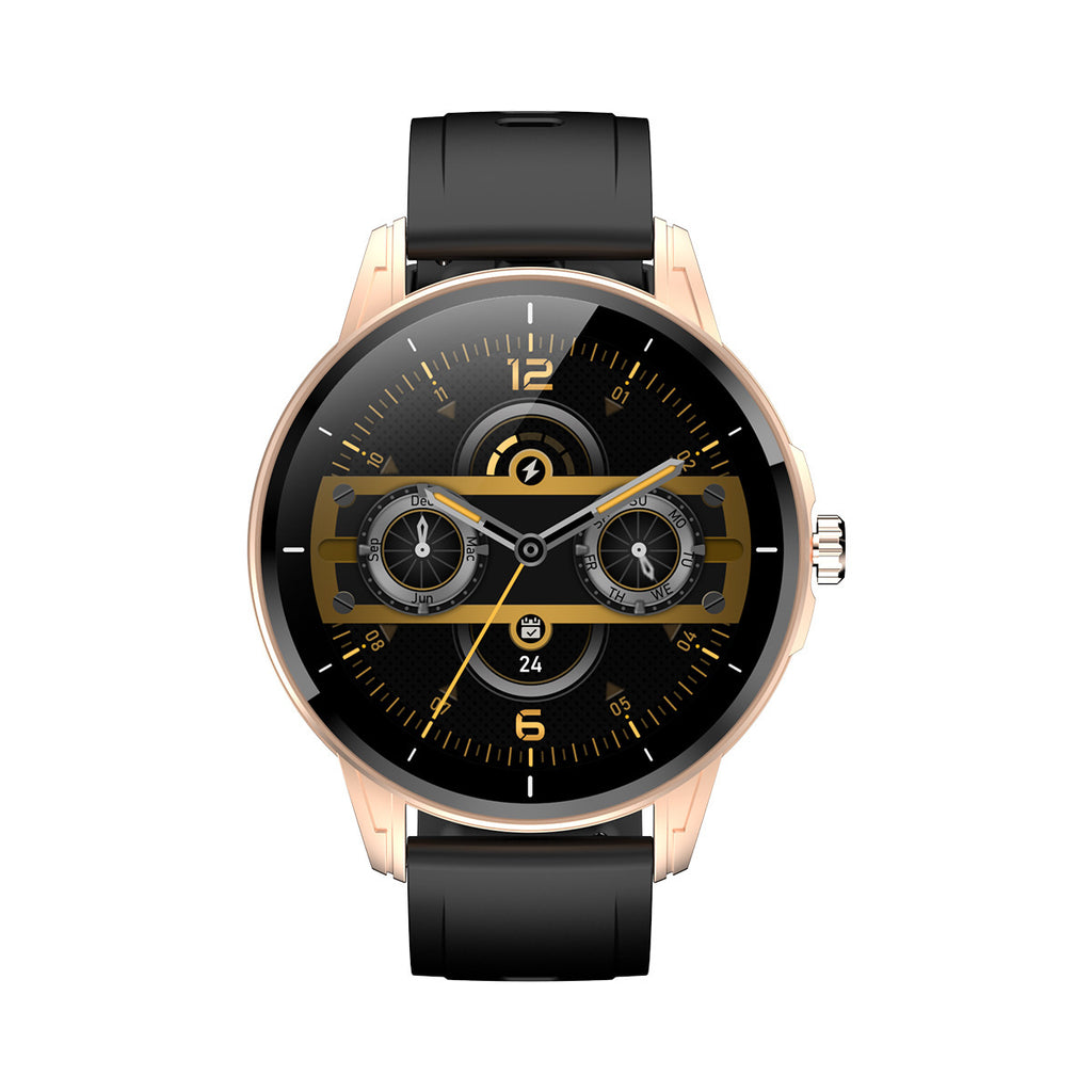 A digital smart watch with a black band and case, displaying a colorful digital screen showing heart rate, sleep, weather, and step count information.