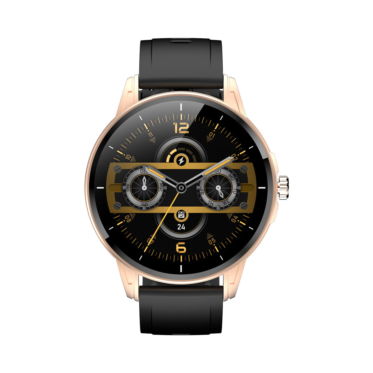 A digital smart watch with a black band and case, displaying a colorful digital screen showing heart rate, sleep, weather, and step count information.