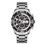 A black and silver analog watch with a round dial and alloy bracelet.