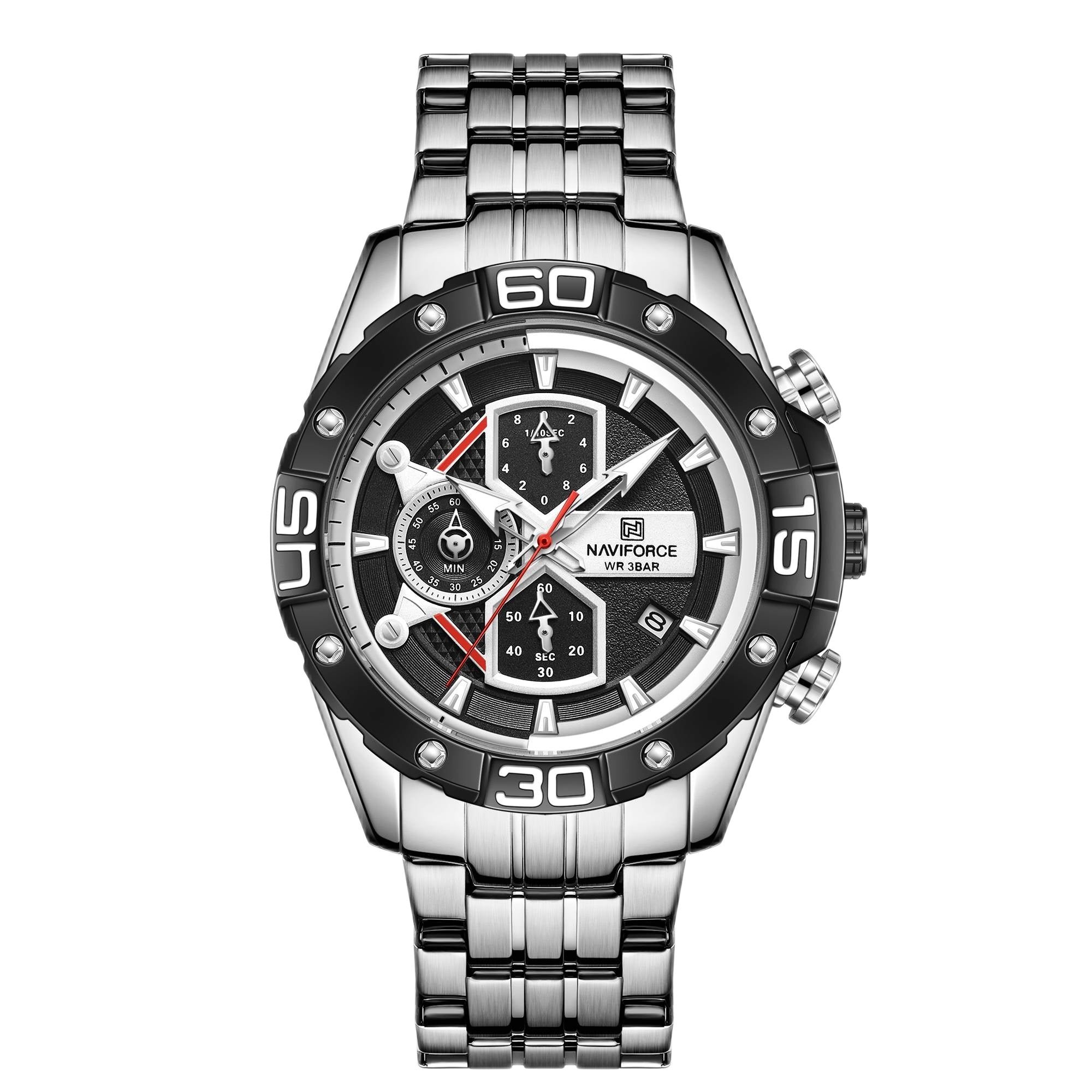 A black and silver analog watch with a round dial and alloy bracelet.