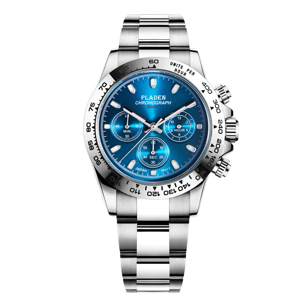A men's quartz watch with a silver stainless steel band and a blue dial, featuring luminous hands and a calendar display.