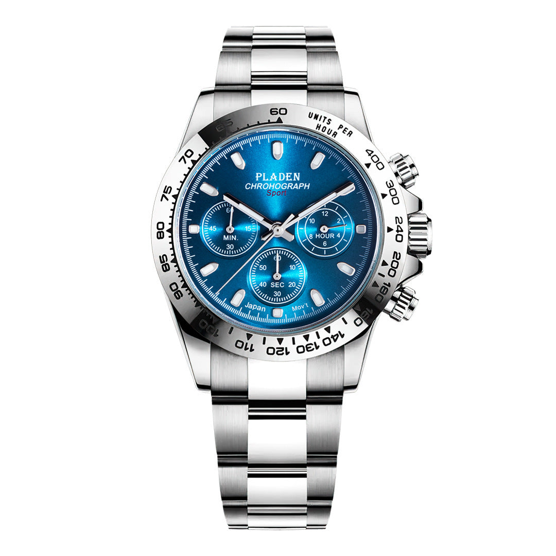 A men's quartz watch with a silver stainless steel band and a blue dial, featuring luminous hands and a calendar display.