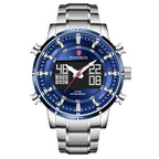 A men's dual display multifunctional sports watch with a blue dial, silver and gold casing, and a stainless steel band.