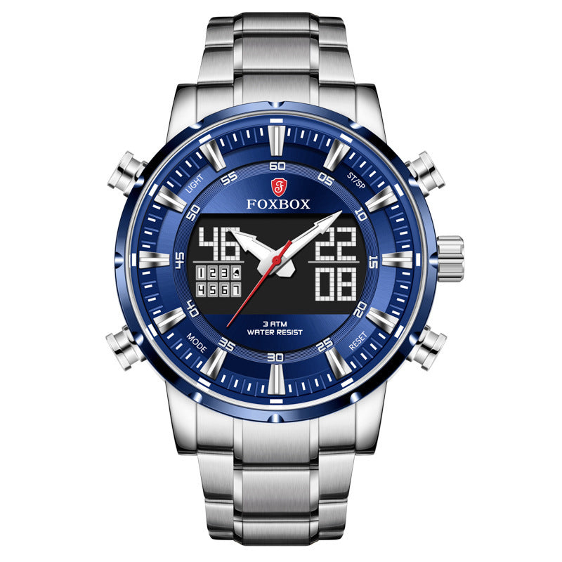 A men's dual display multifunctional sports watch with a blue dial, silver and gold casing, and a stainless steel band.