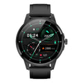Black smartwatch with a detailed display on a white background