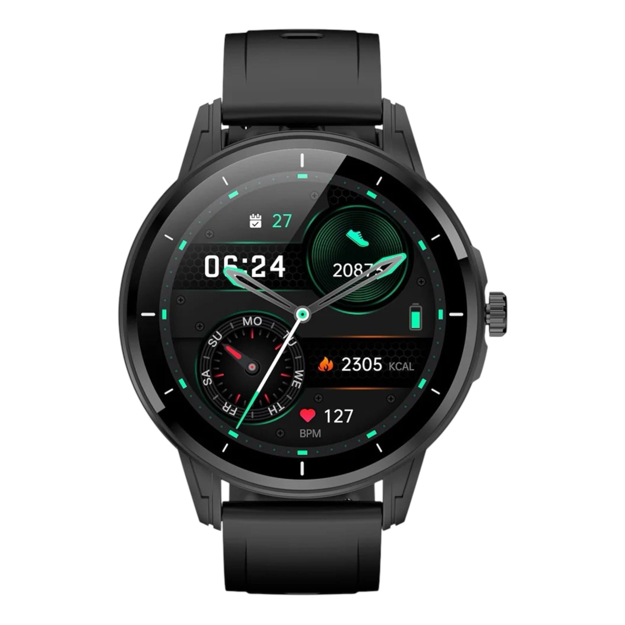 Black smartwatch with a detailed display on a white background