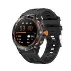 Black smartwatch with a detailed display on a white background