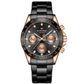 A silver-colored men's quartz watch with a business casual design, featuring a round dial and a steel band.