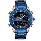 A rose gold and blue men's quartz watch with a steel band and digital display.