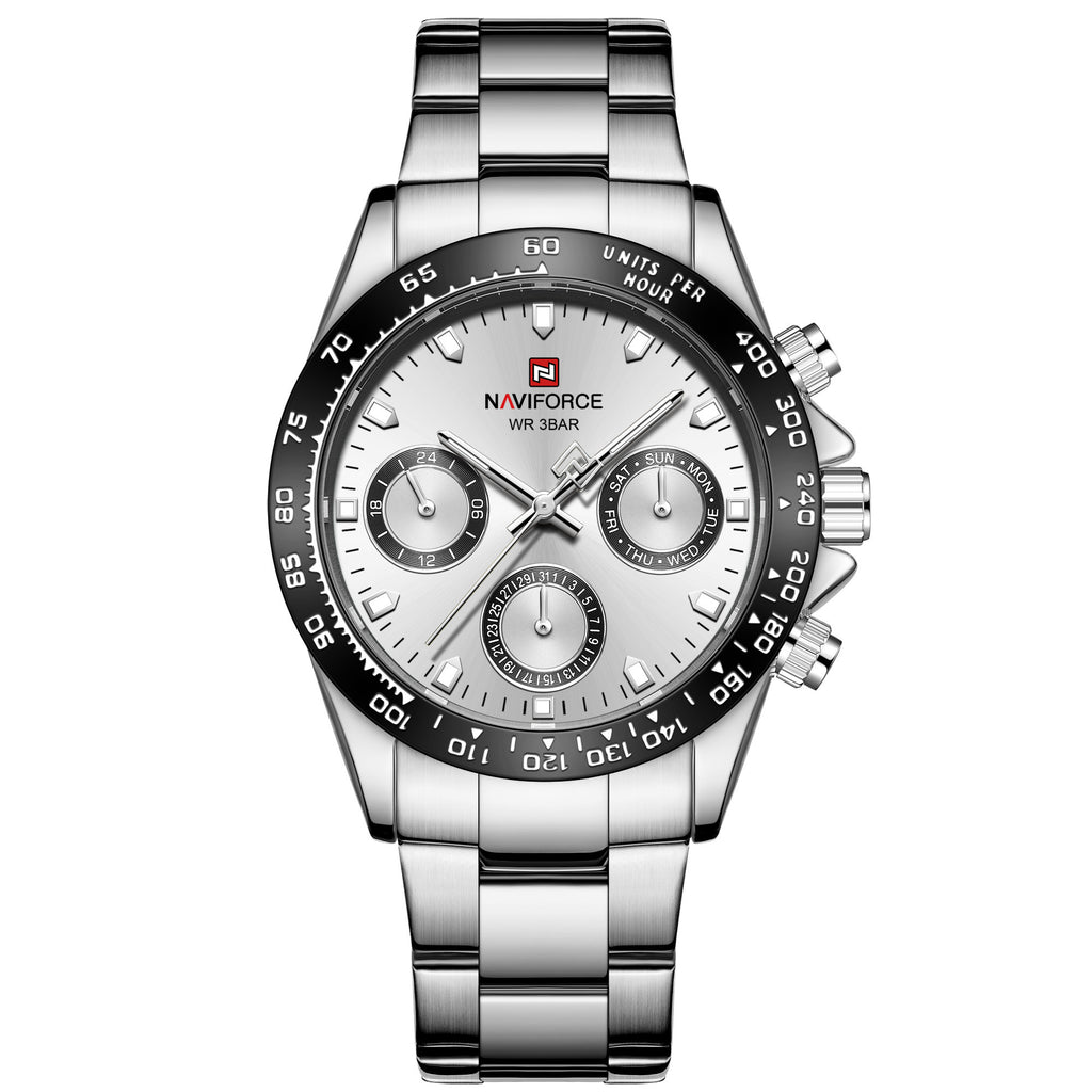 A silver-colored men's quartz watch with a business casual design, featuring a round dial and a steel band.