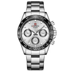 A silver-colored men's quartz watch with a business casual design, featuring a round dial and a steel band.