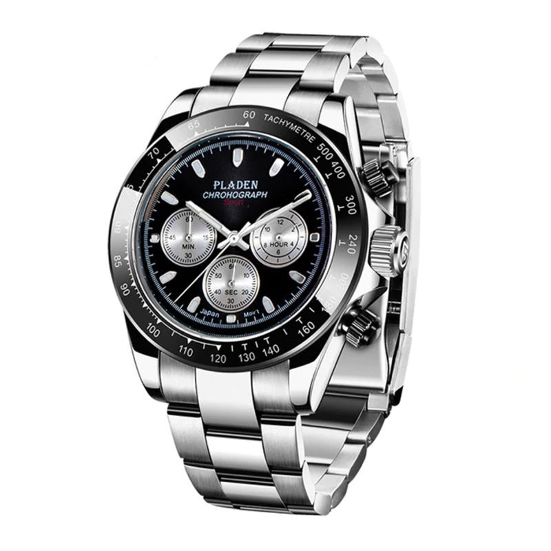 A men's quartz watch with a silver stainless steel band and a blue dial, featuring luminous hands and a calendar display.