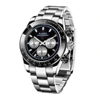 A men's quartz watch with a silver stainless steel band and a blue dial, featuring luminous hands and a calendar display.
