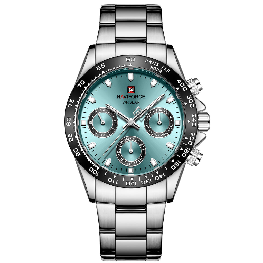 A silver-colored men's quartz watch with a business casual design, featuring a round dial and a steel band.