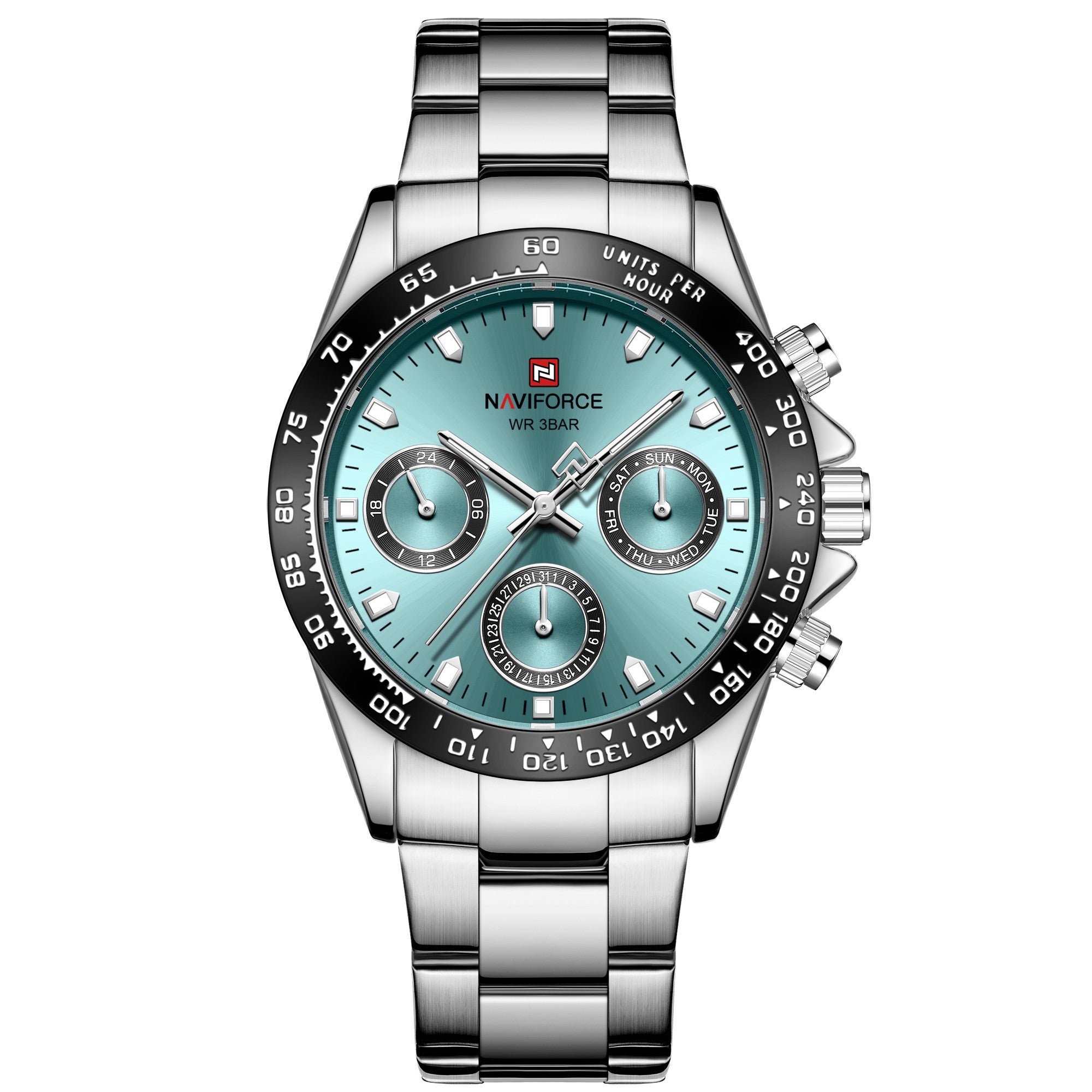 A silver-colored men's quartz watch with a business casual design, featuring a round dial and a steel band.