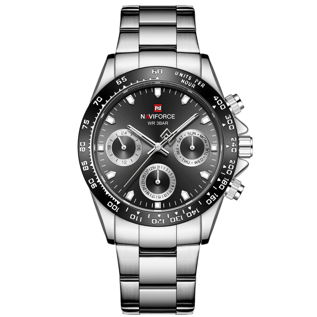 A silver-colored men's quartz watch with a business casual design, featuring a round dial and a steel band.