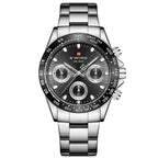 A silver-colored men's quartz watch with a business casual design, featuring a round dial and a steel band.