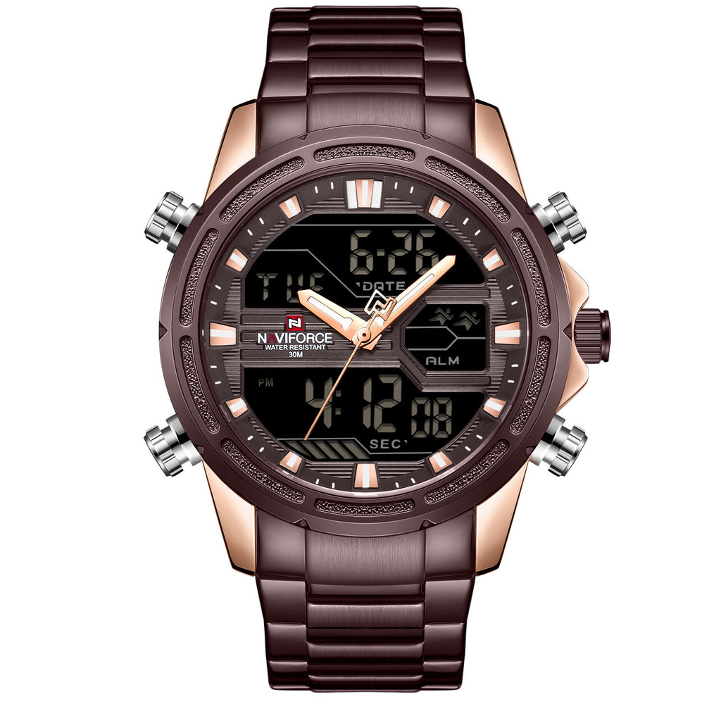 A rose gold and blue men's quartz watch with a steel band and digital display.