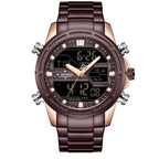 A rose gold and blue men's quartz watch with a steel band and digital display.