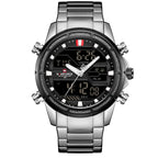 A rose gold and blue men's quartz watch with a steel band and digital display.