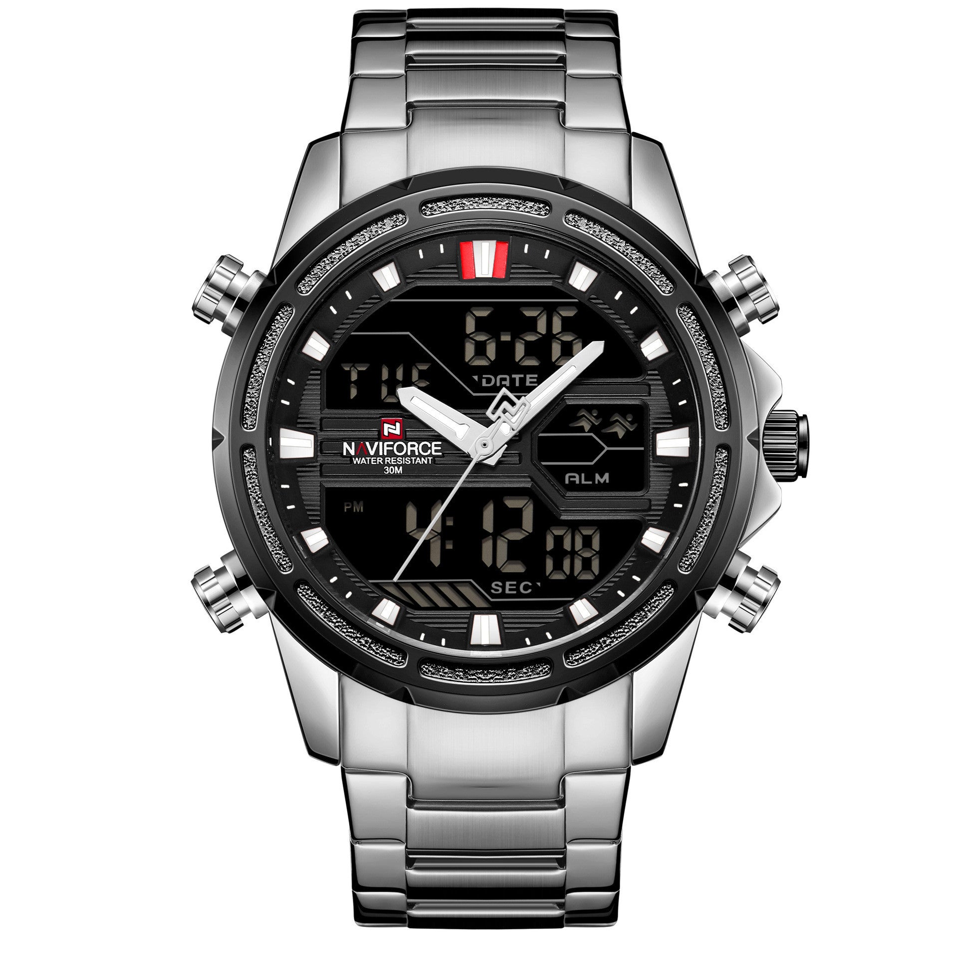 A rose gold and blue men's quartz watch with a steel band and digital display.