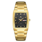 A gold-colored, square-shaped quartz watch with a stainless steel band and a blue dial.