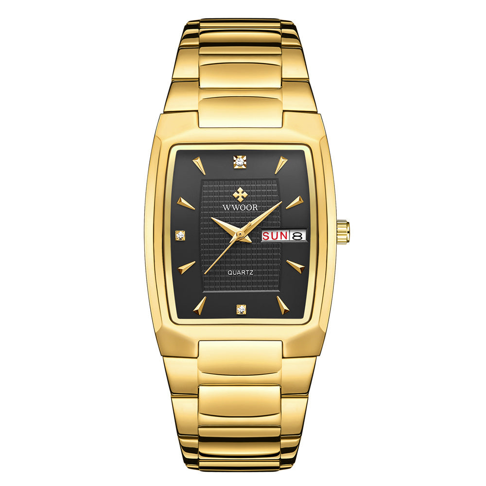 A gold-colored, square-shaped quartz watch with a stainless steel band and a blue dial.