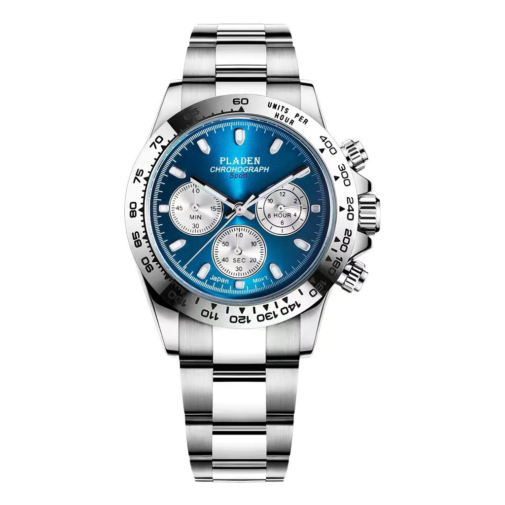 A men's quartz watch with a silver stainless steel band and a blue dial, featuring luminous hands and a calendar display.
