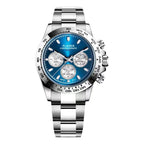 A men's quartz watch with a silver stainless steel band and a blue dial, featuring luminous hands and a calendar display.