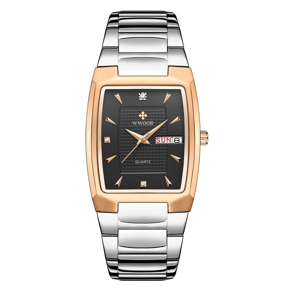 A gold-colored, square-shaped quartz watch with a stainless steel band and a blue dial.
