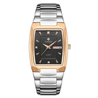 A gold-colored, square-shaped quartz watch with a stainless steel band and a blue dial.