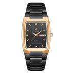 A gold-colored, square-shaped quartz watch with a stainless steel band and a blue dial.