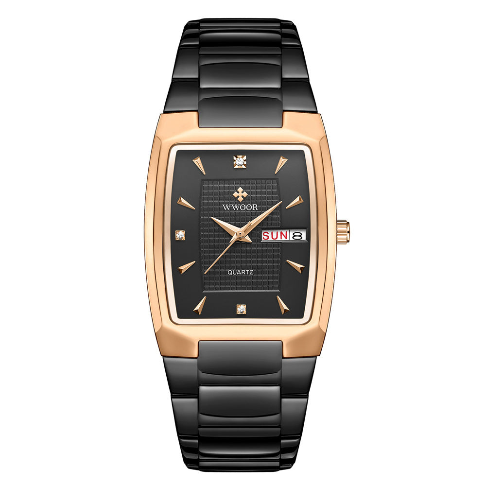A gold-colored, square-shaped quartz watch with a stainless steel band and a blue dial.