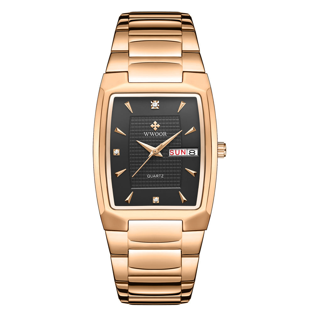 A gold-colored, square-shaped quartz watch with a stainless steel band and a blue dial.